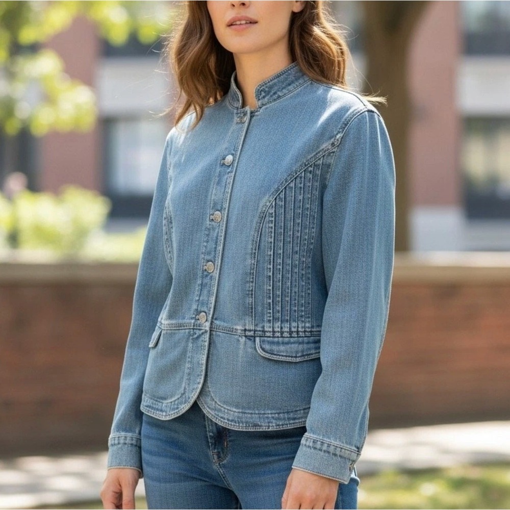 J. Jill Womens Large Blue Denim Pleated Military Style Jacket Medium Wash